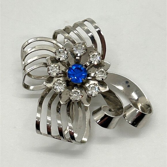 Vintage Ribbon Brooch or Pendant Floral & Clear Blue Center Silver-tone - Picture 6 of 11